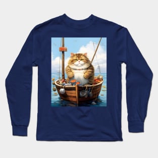 Cats at Sea: Fat Cat, little boat Vintage Style Art Long Sleeve T-Shirt